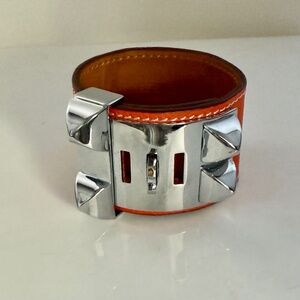 Estate Orange Leather Cuff Bracelet with Silver Tone Hardware